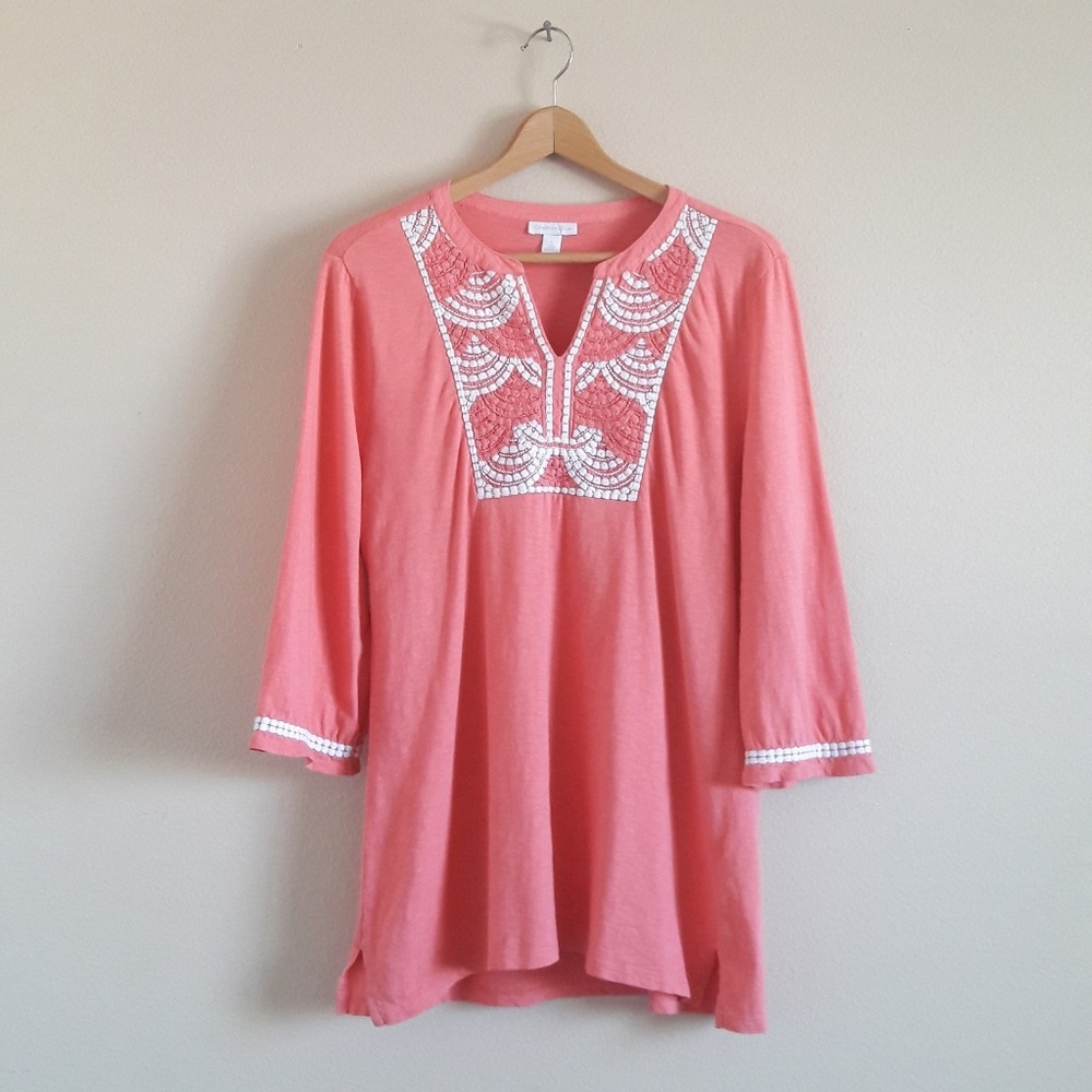 ❌SOLD❌Charter Club Coral Embroided Tunic Top
